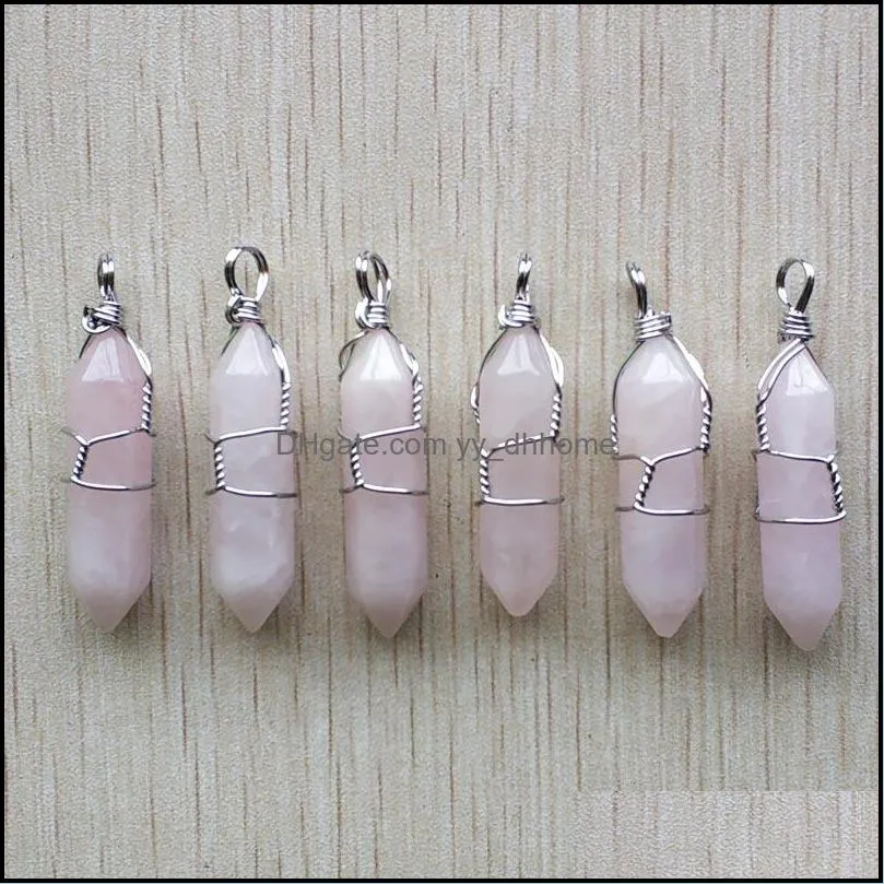 hexagonal natural stone charms pink rose quartz pillar shape point handmade iron wire pendant for jewelry making