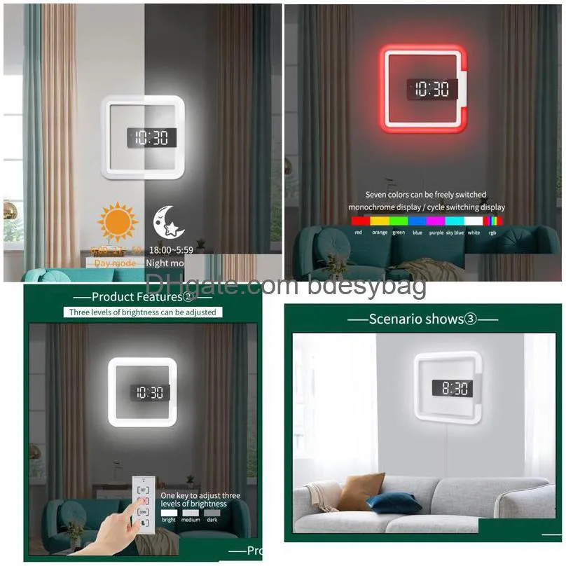 desk table clocks led wall clock remote control digital mirror alarm/temperature ring multicolor light 11 inch square