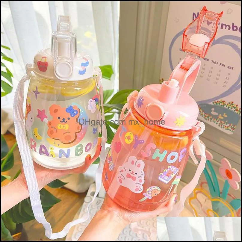 water bottles 1300 ml large capacity with straw strap outdoor sports plastic drinking bottle cute kids sticker sippy cup