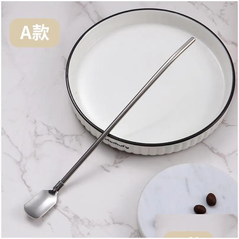 stainless steel oval shape metal drinking spoon straw reusable straws cocktail spoons filter set kitchen tableware