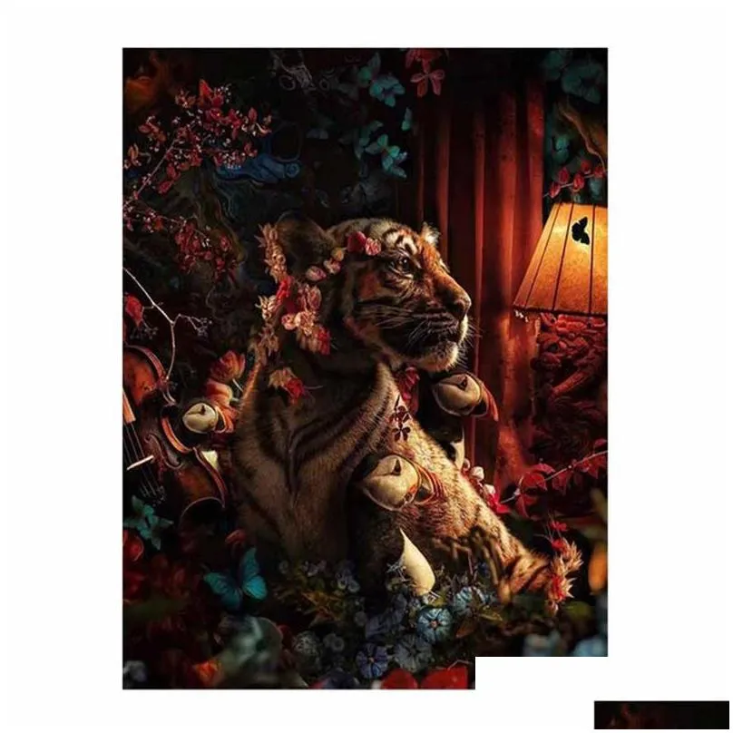 black golden  tiger parrot among flowers luxurious animal poster modern art canvas painting for living room wall decoration