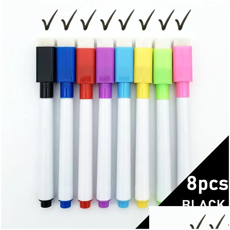 8 pcs/lot colorful black school classroom whiteboard dry white board markers built in eraser student childrens drawing pen