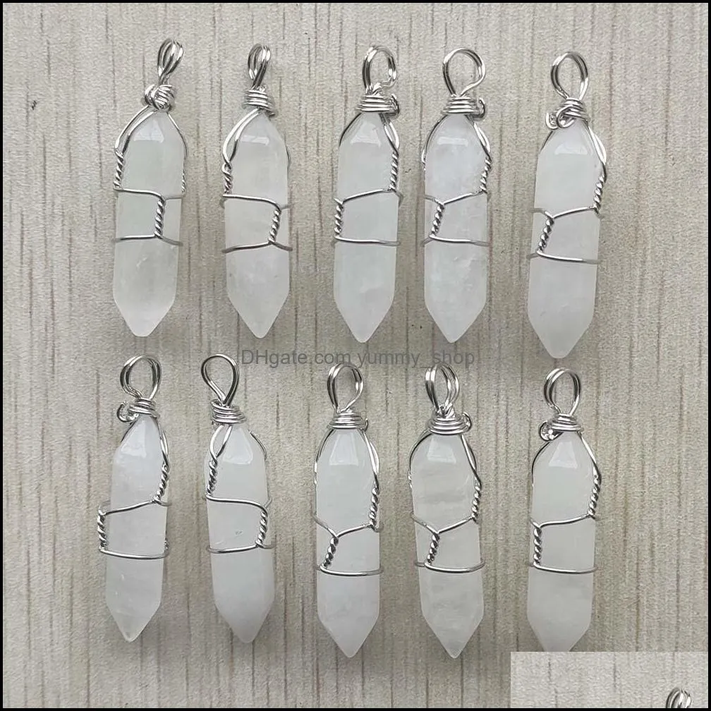 healing white cyrstal pillar shape point pendulum stone charms handmade iron wire pendants for fashion jewelry making wholesale