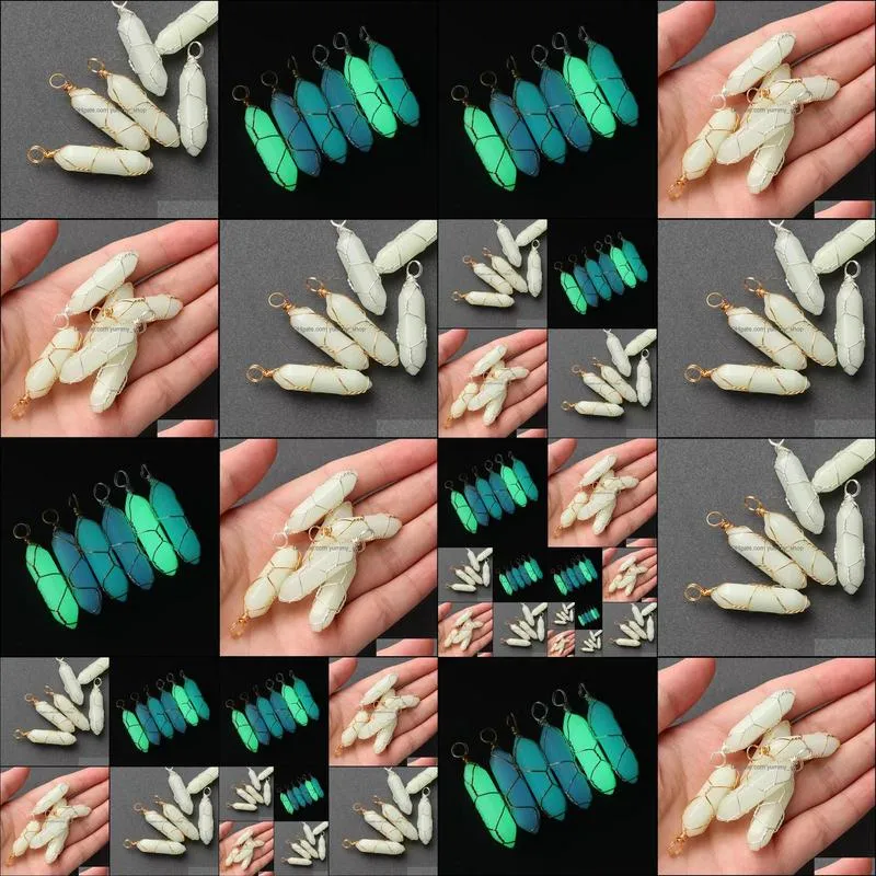 hexagonal cylindrical crystal stone charms glow in the dark luminous wire wrap stones pendant for necklaces jewelry making women men