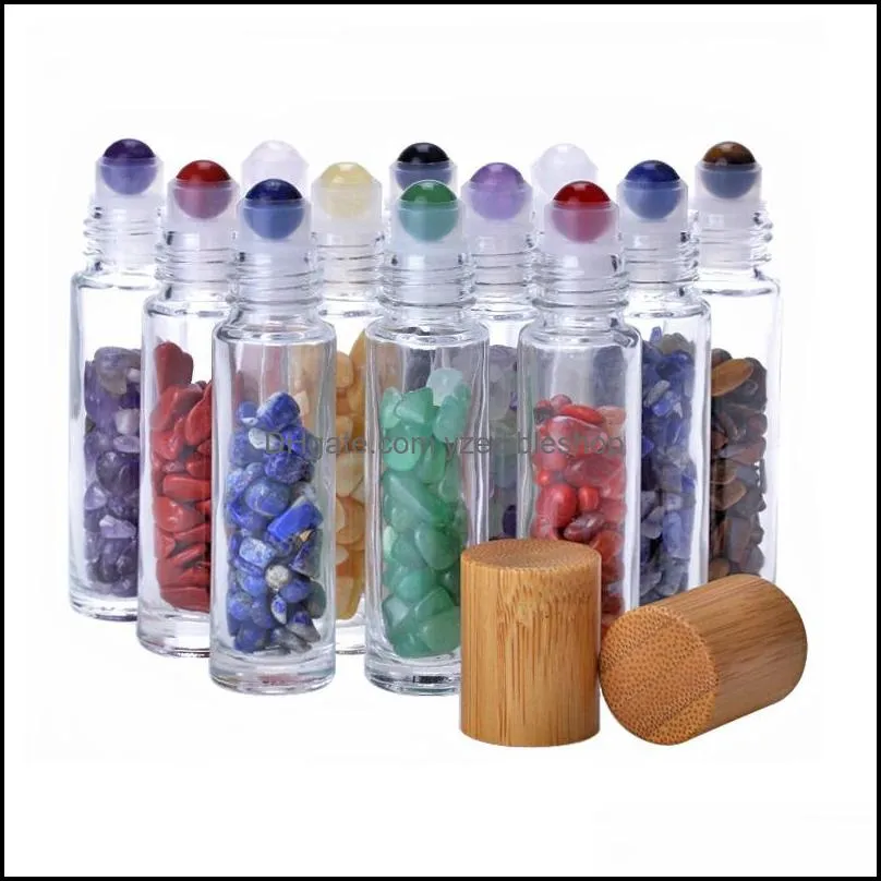 10ml  oil rollon bottles glass roll on perfume bottle with crushed natural crystal quartz stone crystal roller ball bamboo