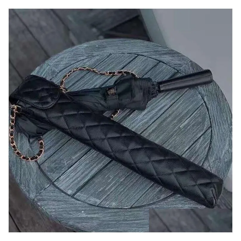 new classic black long umbrella folding for women summer fold fashion umbrella rain umbrella vip gift with pu case gift packing