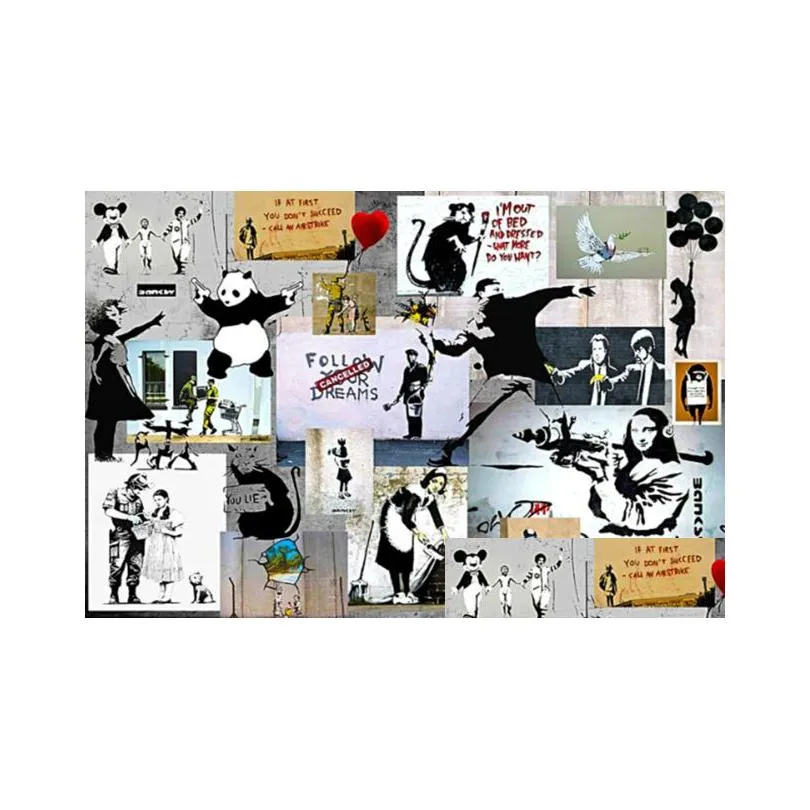banksy graffiti collage art  canvas painting posters and prints cuadros wall art for living room home decor