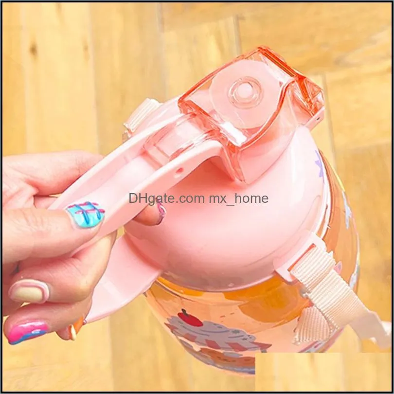 water bottles 1300 ml large capacity with straw strap outdoor sports plastic drinking bottle cute kids sticker sippy cup