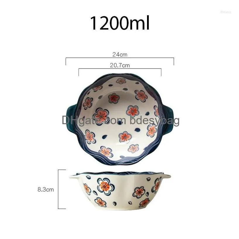 bowls large 1200ml double ear ceramic creative japanesestyle flower print deep noodle bowl ramen soup kitchen tableware
