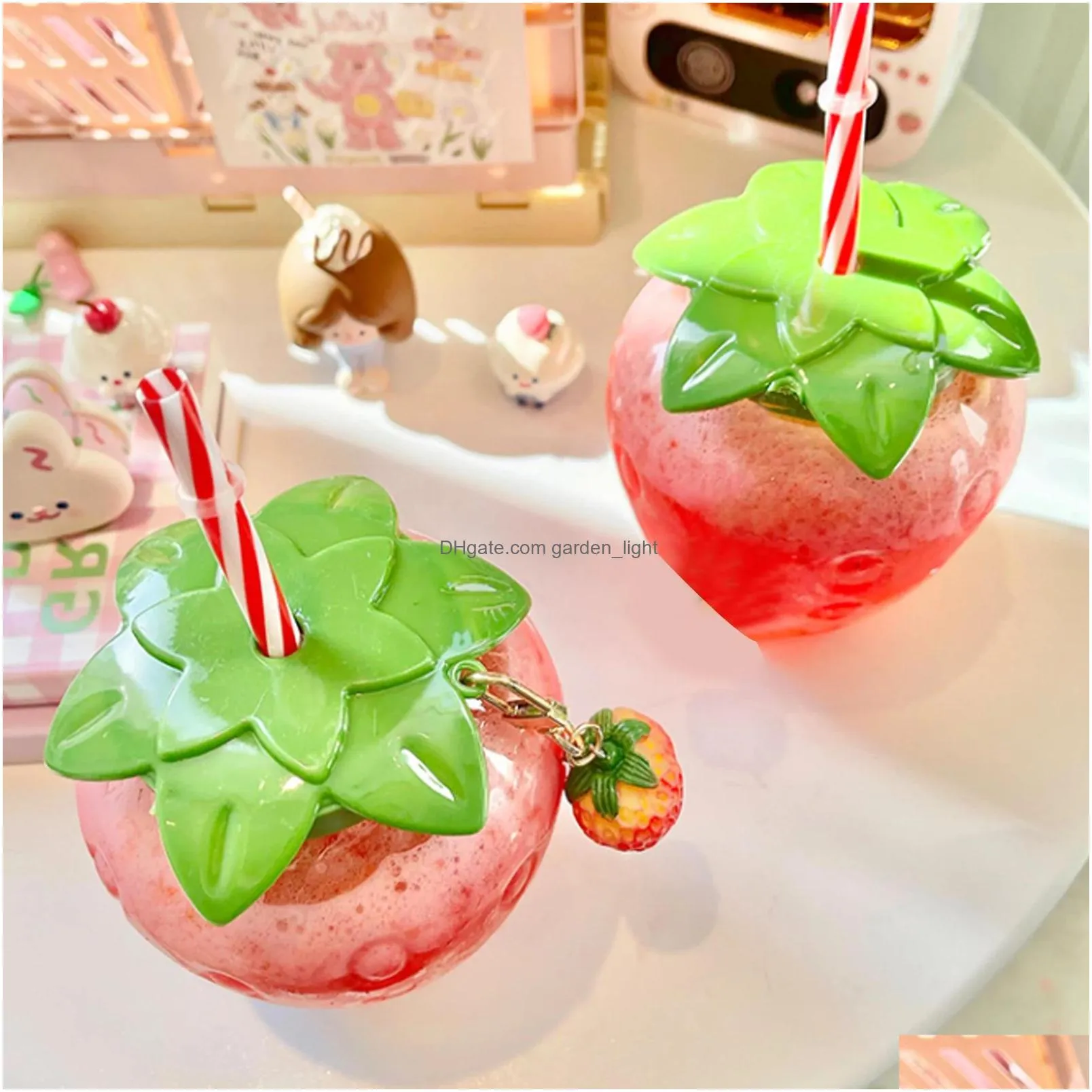 mugs strawberry straw cup cute girl milk tea cup summer portable ins style plastic water bottles straws kawaii milks bottle sea freight inventory