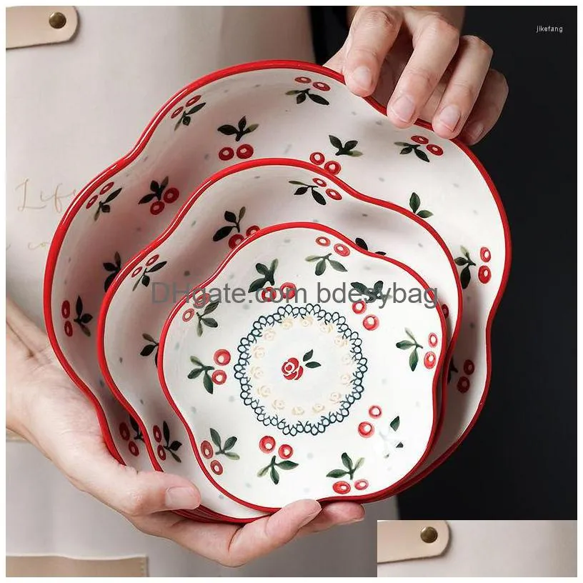 bowls retro cherry plate ceramic dish dinner salad fruit snack breakfast dessert bowl tableware soup