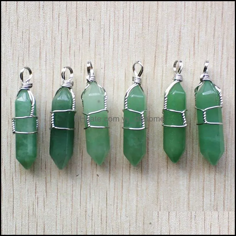 silver color wire wrapped green aventurine pillar charms hexagon pendulum pendant healing crystal stone hangings fashion jewelry making