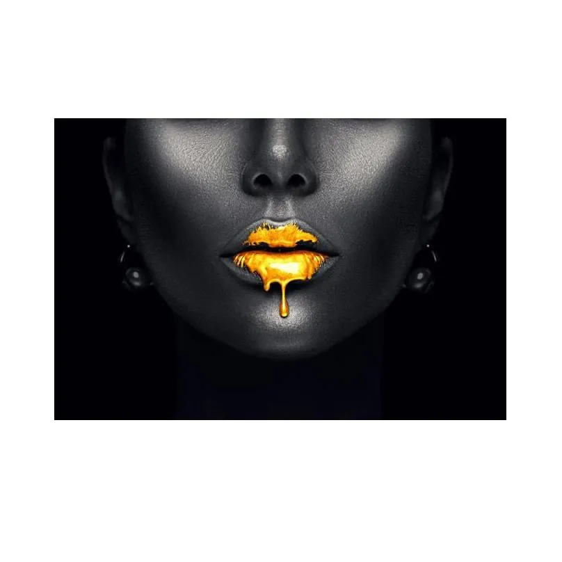 golden lips painting canvas prints sexy woman mouth wall pictures for living room modern home decor black sliver lips cuadros