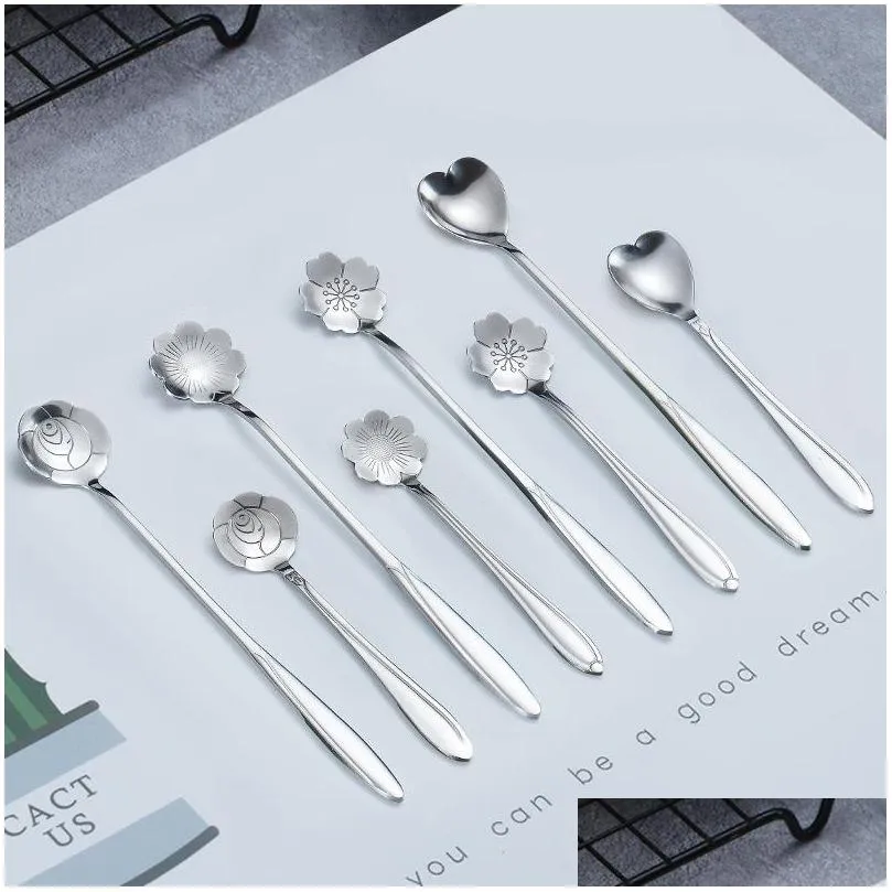 stainless steel sakura spoon rose heart spoon long handle coffee stirrer