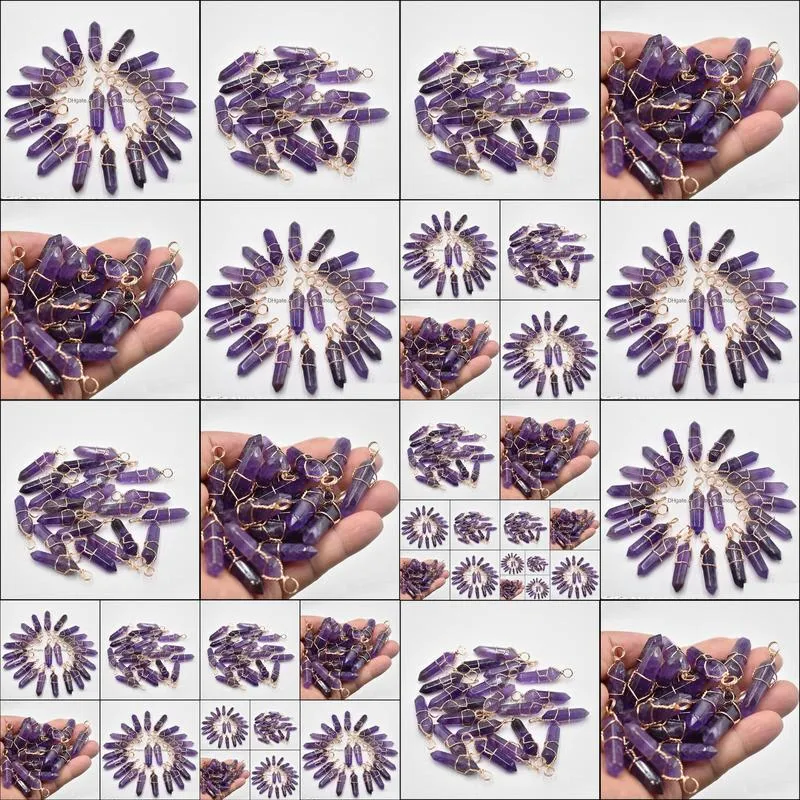 amethyst stone pillar shape point pendulum charms handmade gold color iron wire pendants for fashion jewelry making wholesale