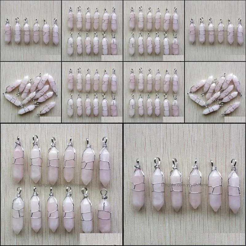 hexagonal natural stone charms pink rose quartz pillar shape point handmade iron wire pendant for jewelry making