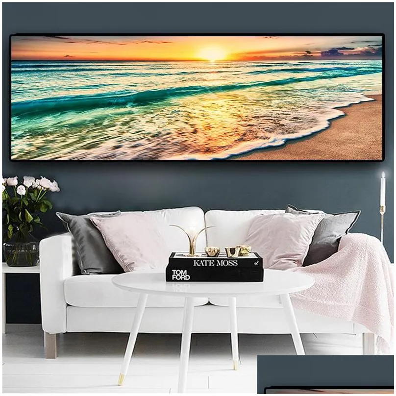 natural gold beach sunset landscape posters and prints canvas painting mediterran scandinavian wall art picture for living room