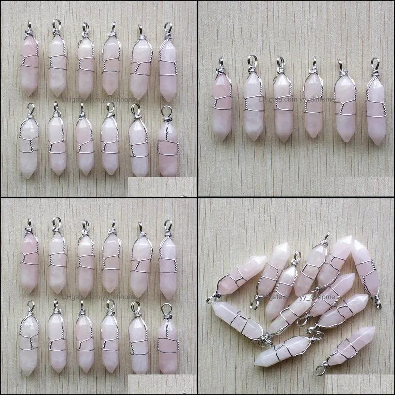 hexagonal natural stone charms pink rose quartz pillar shape point handmade iron wire pendant for jewelry making