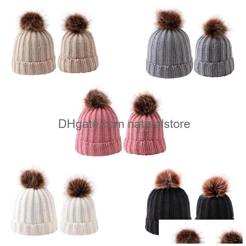 mother daughter matching hats 2pcs matching beanies parentchild winter warm crochet knitted beanie caps pom pom balls hat