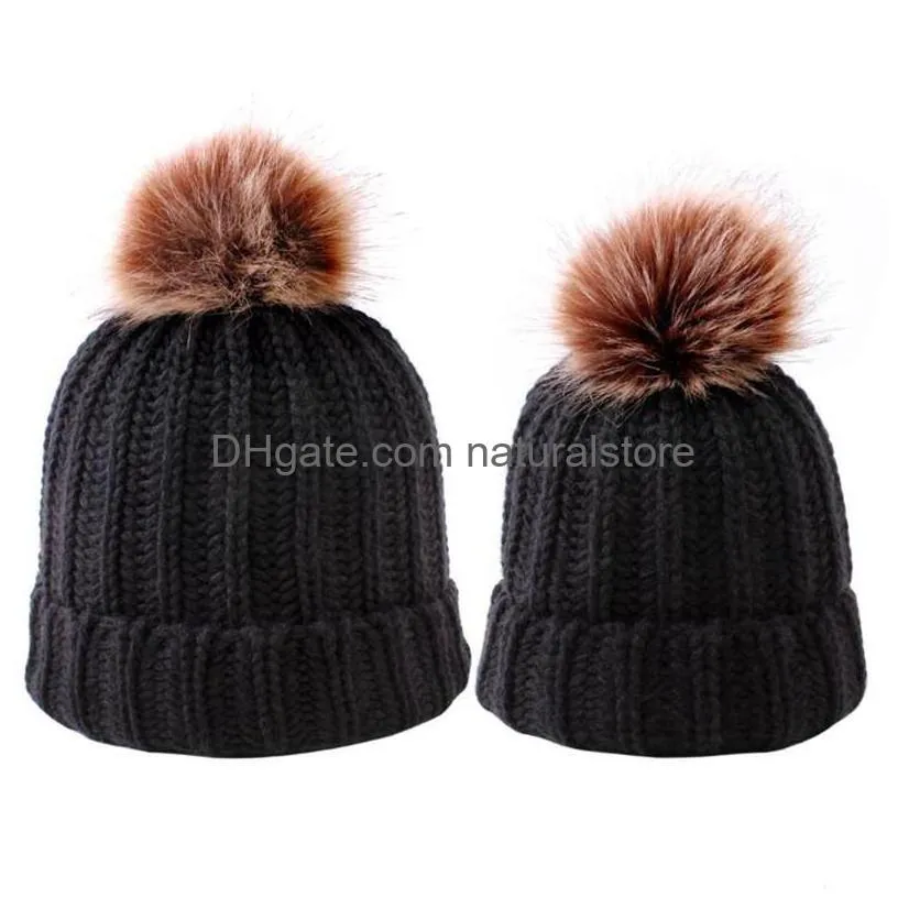 mother daughter matching hats 2pcs matching beanies parentchild winter warm crochet knitted beanie caps pom pom balls hat