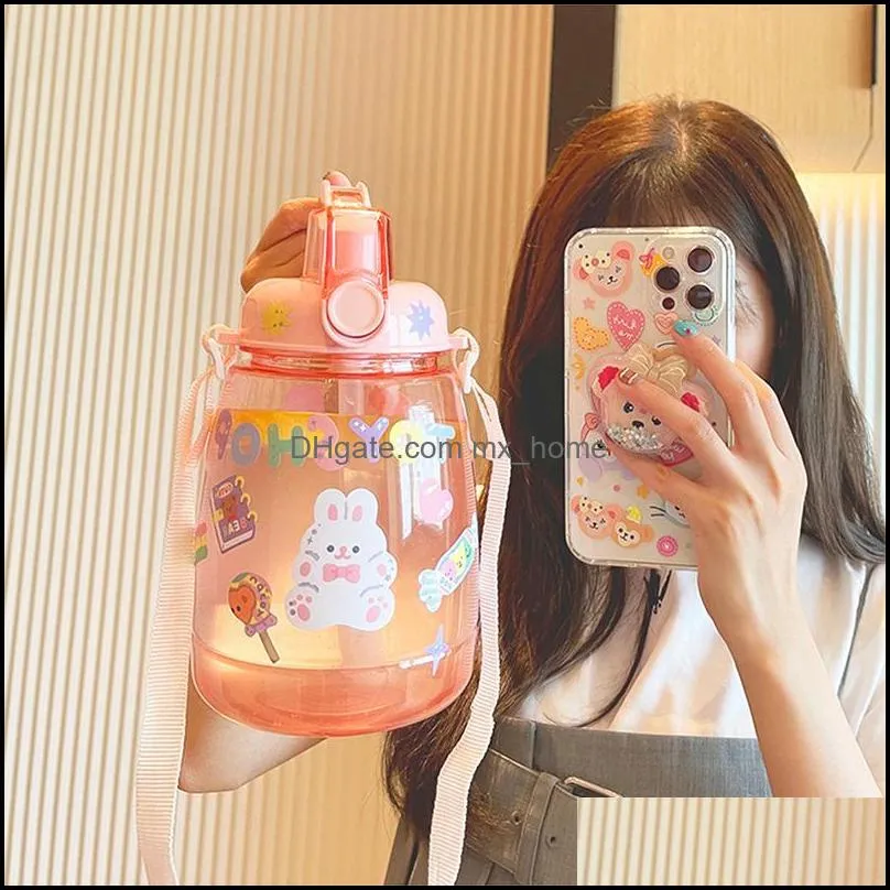 water bottles 1300 ml large capacity with straw strap outdoor sports plastic drinking bottle cute kids sticker sippy cup