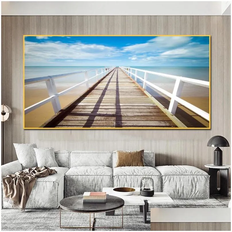 old wood bridge posters canvas painting wall art pictures for living room sea lake scenery prints sky sunset modern home decor