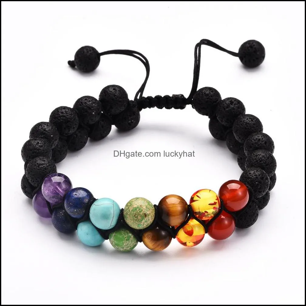 colorful 8mm natural lava stone turquoise 7 chakra multilayer bracelet double layers adjustable braclets for women men