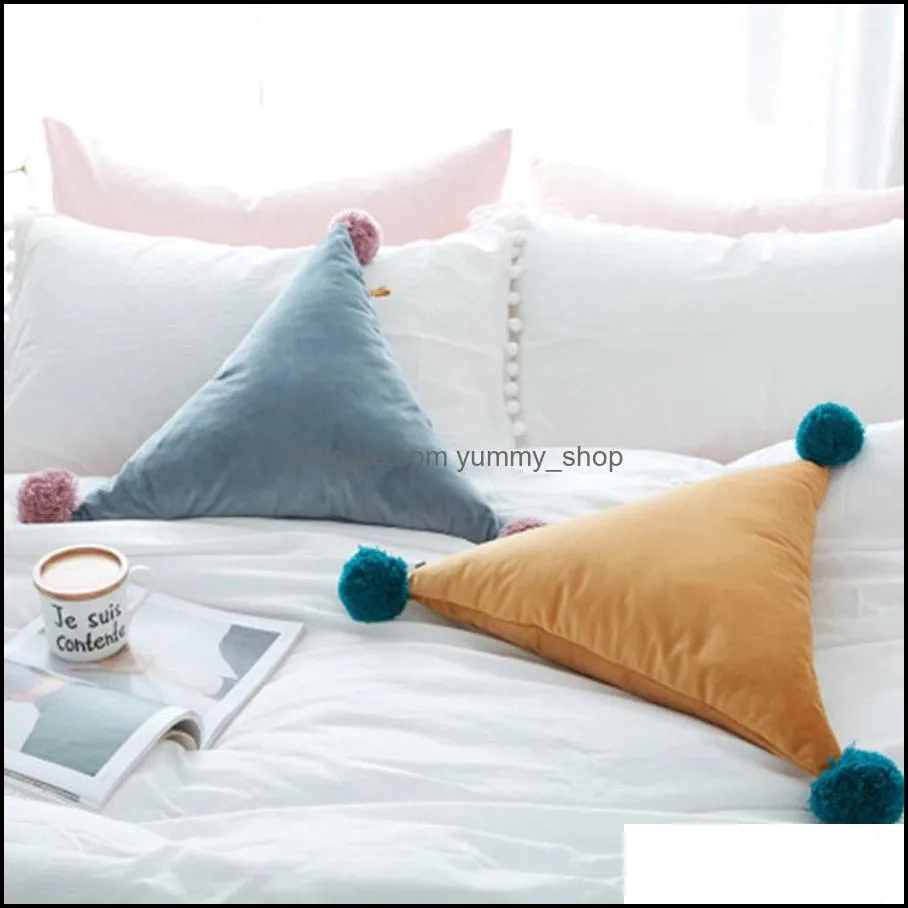 creative home 50cm triangle sofa pillow with balls solid color pillow seat cushion bed sofa car decorative polyester soft pillow dh0938