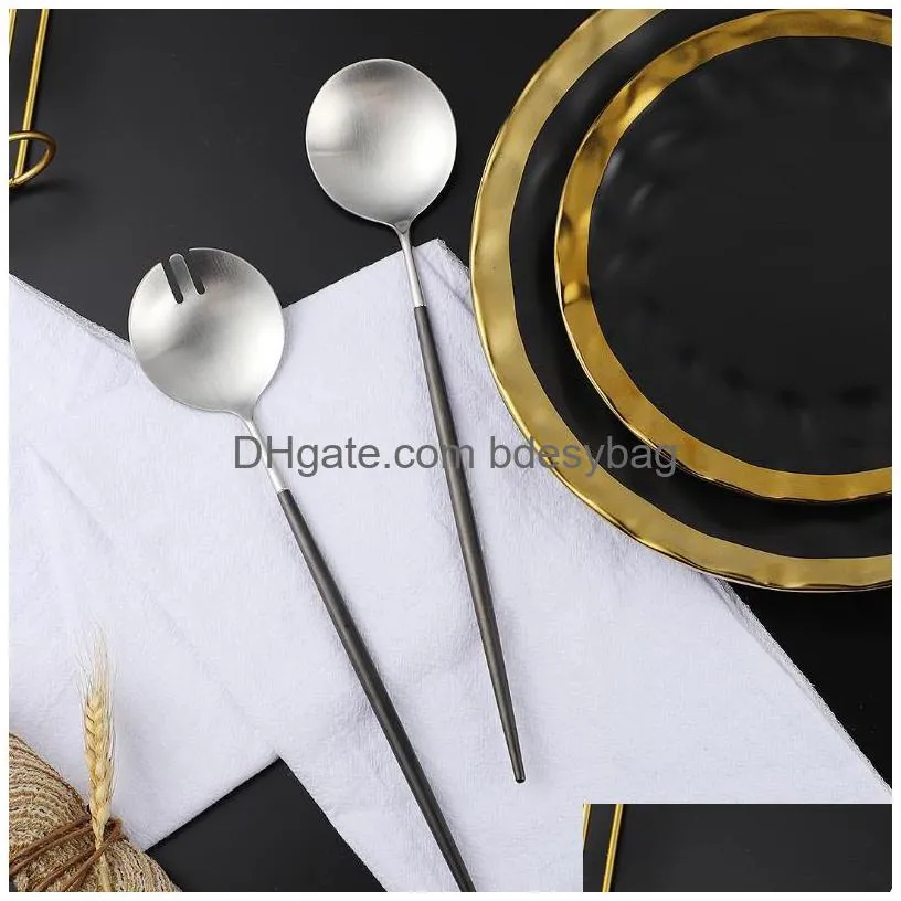dinnerware sets 2pcs household salad dishes fork spoon silver service tableware stainless steel cutlery set black kitchen utensils