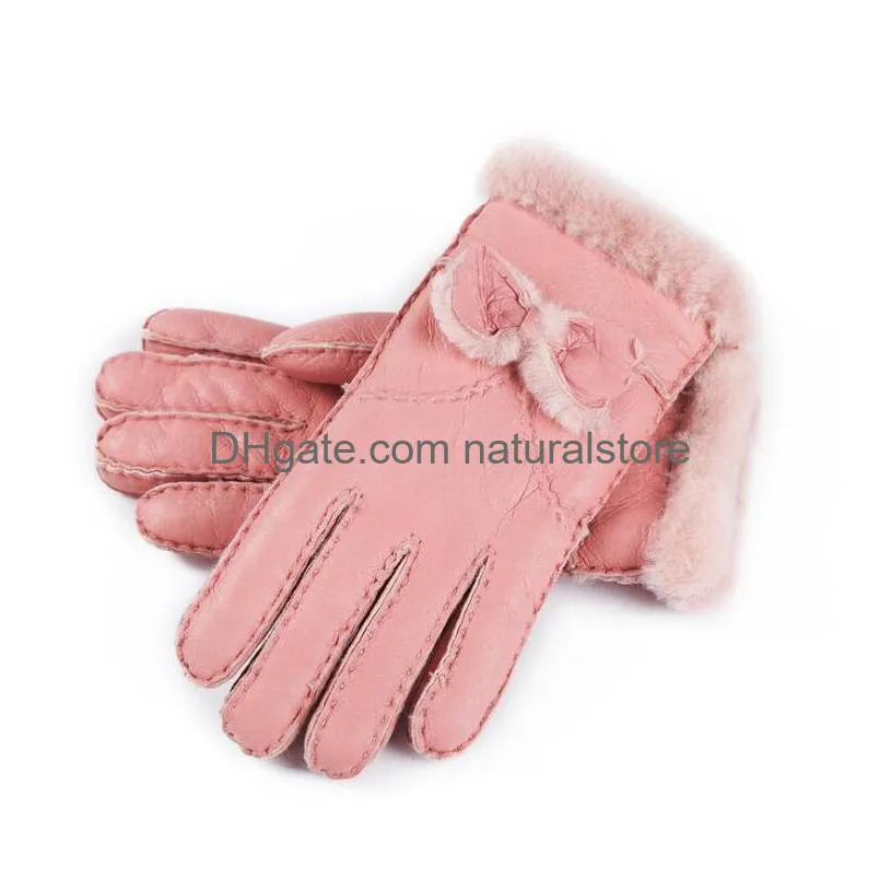 wholesale new ladies bowknot high quality leather gloves wool gloves autumn and winter riding warm windproof gloves