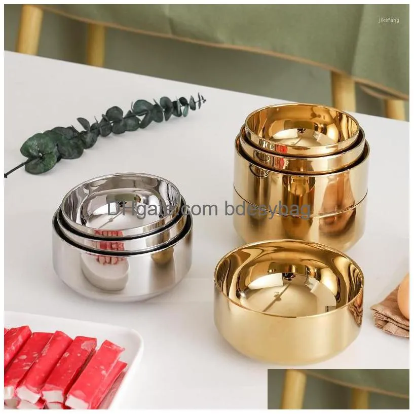 bowls stainless steel double layer ramen bowl golden silver kitchen container adult kids home tableware soup tureen fruit