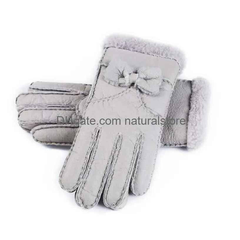 wholesale new ladies bowknot high quality leather gloves wool gloves autumn and winter riding warm windproof gloves