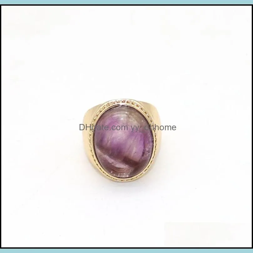 fashion gold plated oval amethyst quartz crystal rings geometric natural stone ring for women men jewelry gift