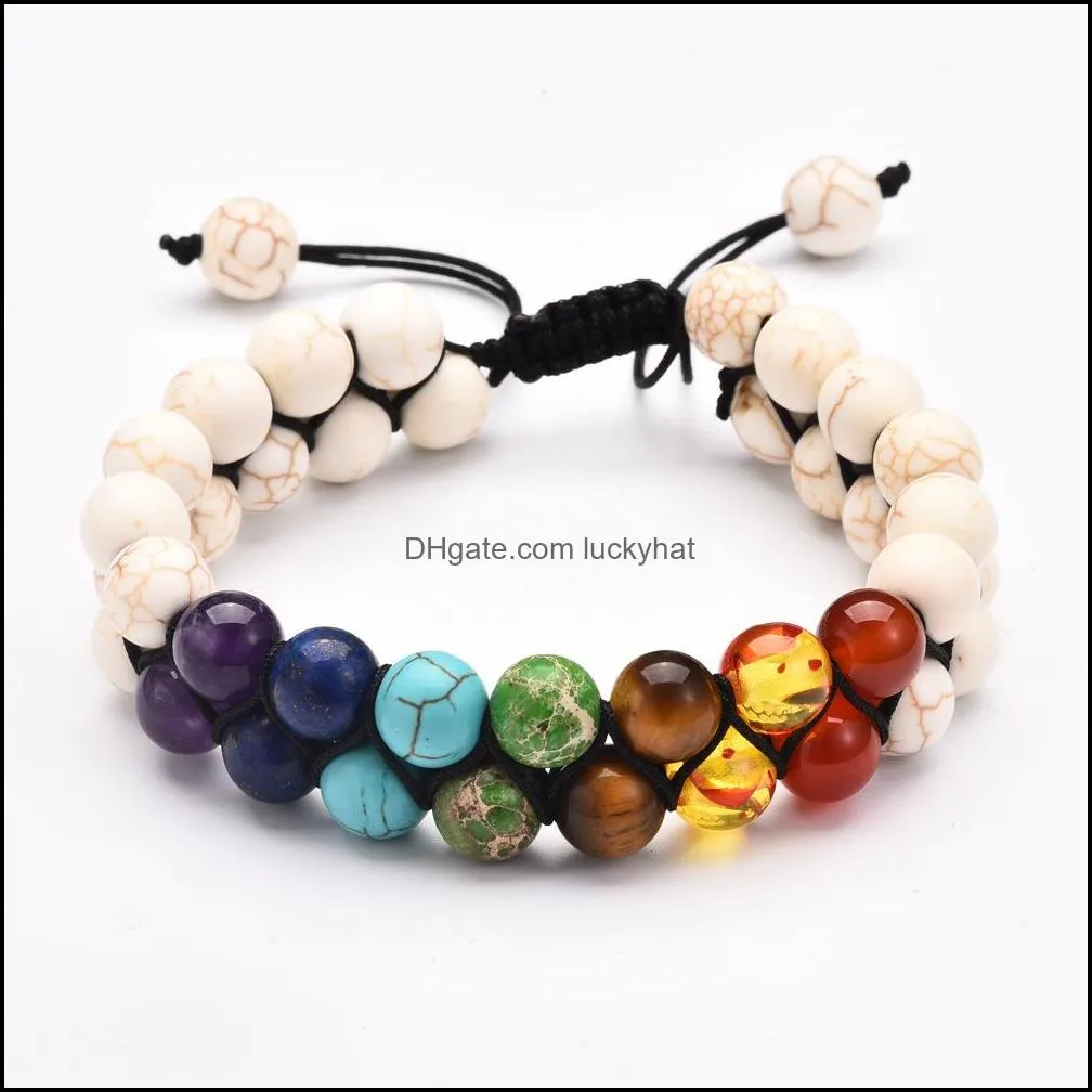 colorful 8mm natural lava stone turquoise 7 chakra multilayer bracelet double layers adjustable braclets for women men