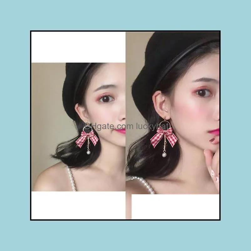 simple bow style earrings women creative cool versatile plaid hong ventilation network red ear stud shipping