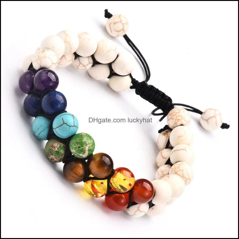 colorful 8mm natural lava stone turquoise 7 chakra multilayer bracelet double layers adjustable braclets for women men