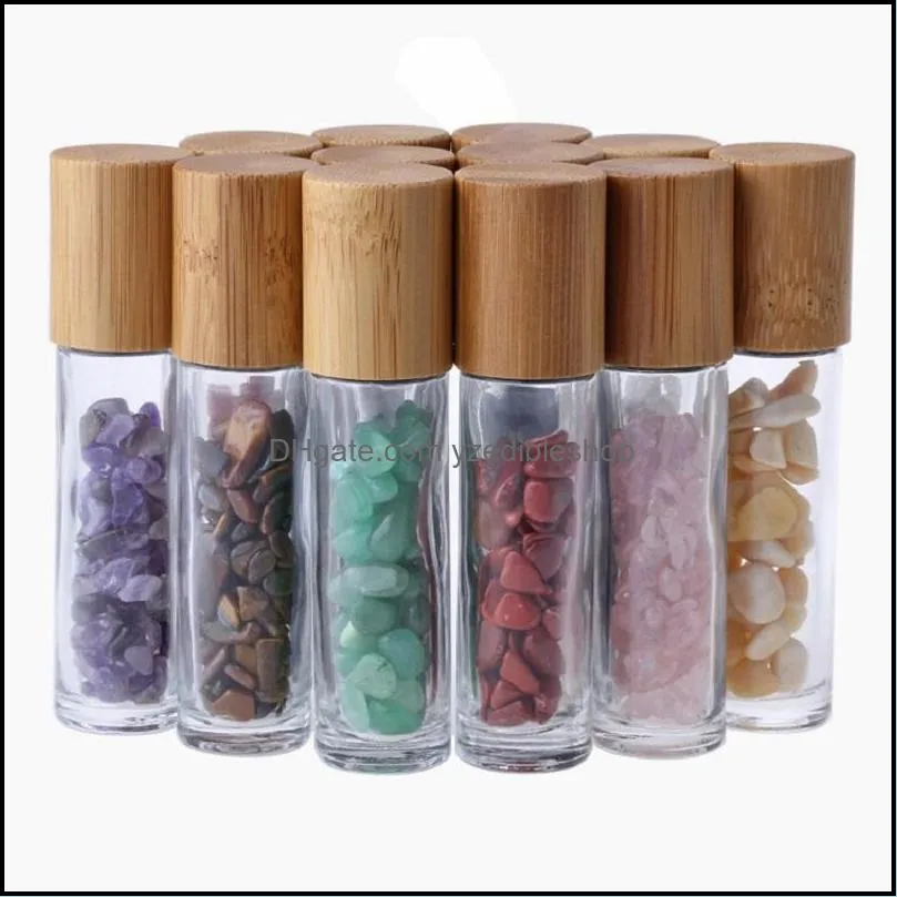 10ml essential oil rollon bottles glass roll on perfume bottle with crushed natural crystal quartz stone crystal roller ball bamboo