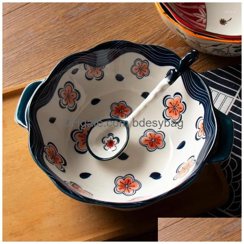 bowls large 1200ml double ear ceramic creative japanesestyle flower print deep noodle bowl ramen soup kitchen tableware