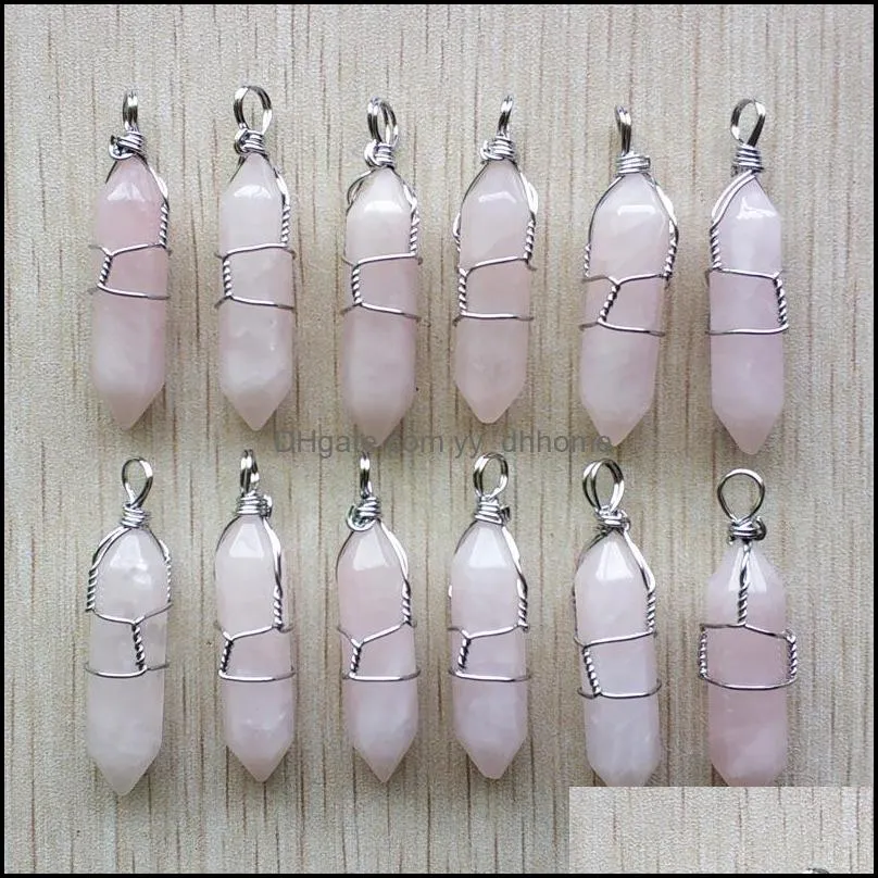 hexagonal natural stone charms pink rose quartz pillar shape point handmade iron wire pendant for jewelry making