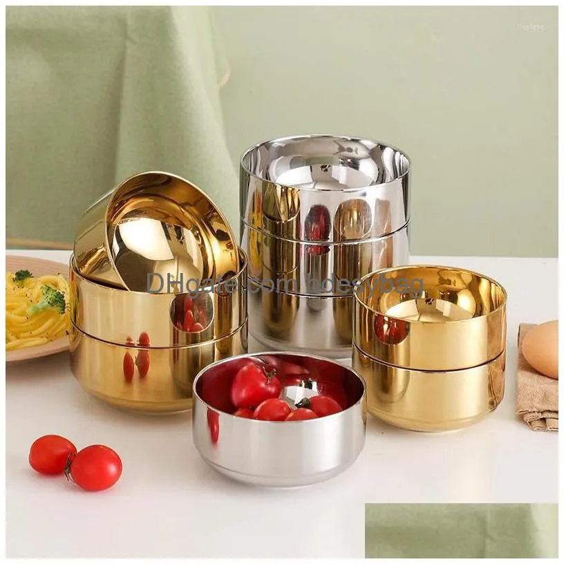 bowls stainless steel double layer ramen bowl golden silver kitchen container adult kids home tableware soup tureen fruit