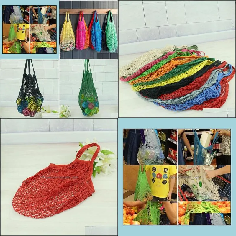reusable shopping grocery bag 14 color large size shopper tote mesh net woven cotton bags portable bags home storage rrb14992