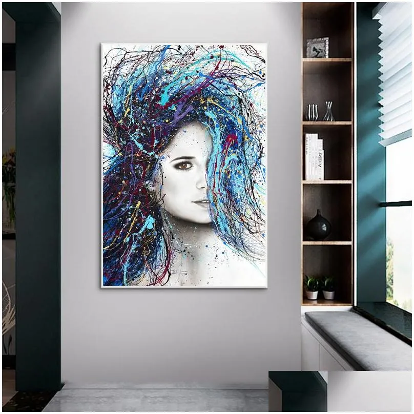 modern abstract wall art colored hair woman canvas painting figure posters and prints hanging pictures for living room decor