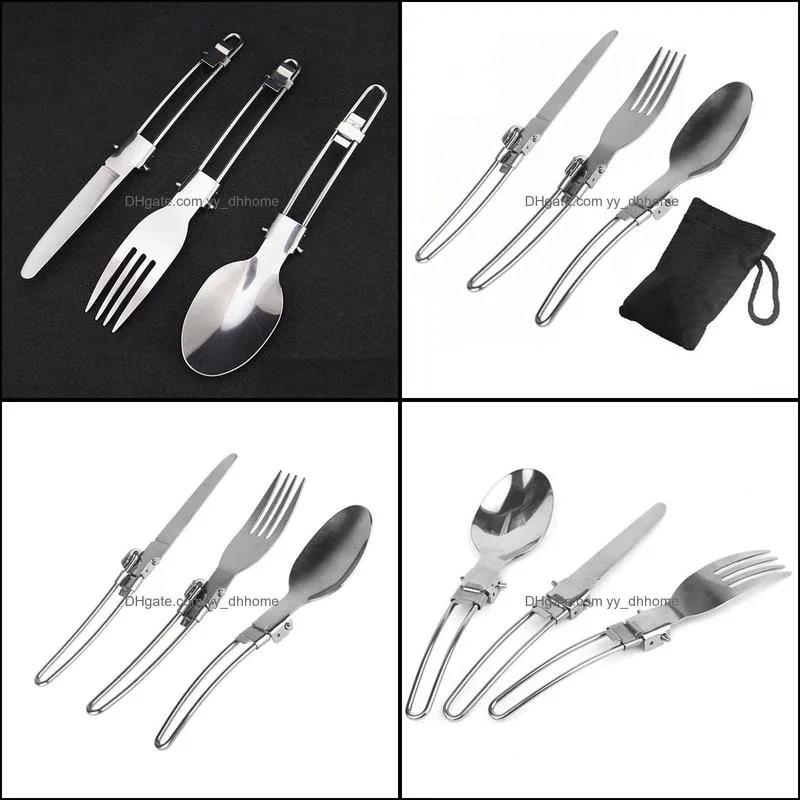 3 pieces portable stainless steel folding knife and fork spoon flatware utensil cutlery set travel picnic camping tableware