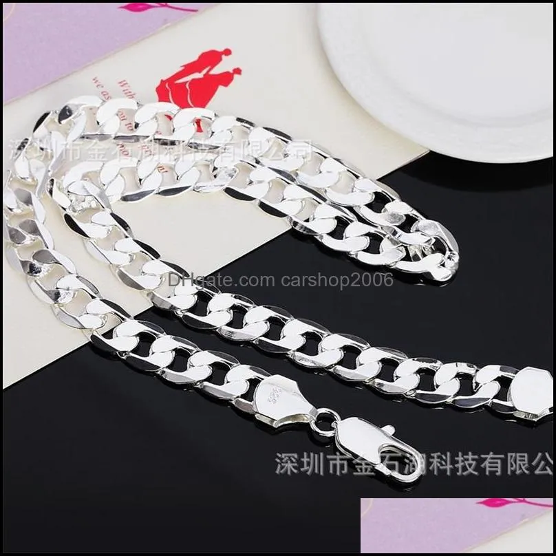 925 sterling silver chains 18/20/22/24/26/28/30 inch 12mm flat sideways necklace for women man fashion wedding charm jewelry 2692 q2