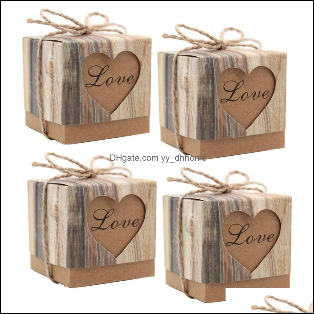 50 pcs kraft paper wedding party candy gift favor box holder with khaki burlap twine