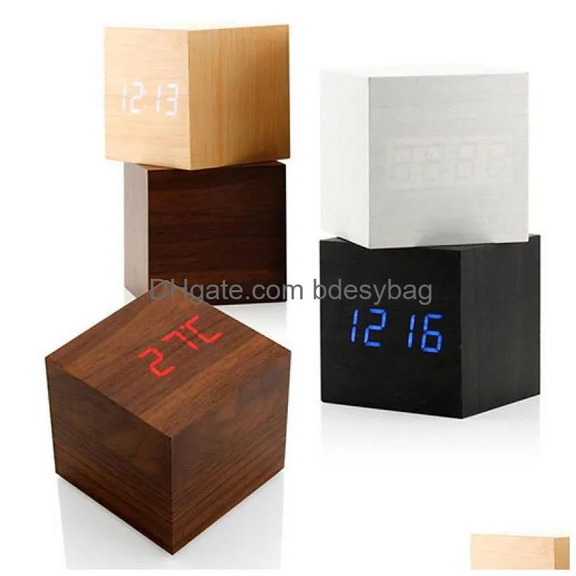 desk table clocks wooden digital led alarm clock modern cube timer calendar