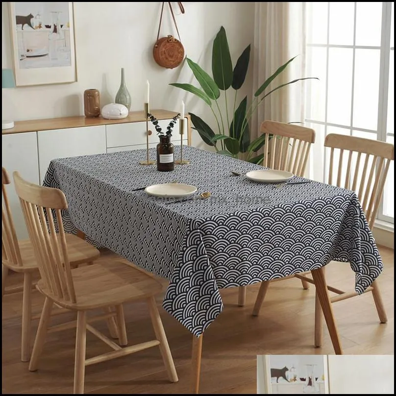 table cloth japanese style retro wave pattern cotton and linen tablecloth blue geometric lattice printed coffee pendant tea pad