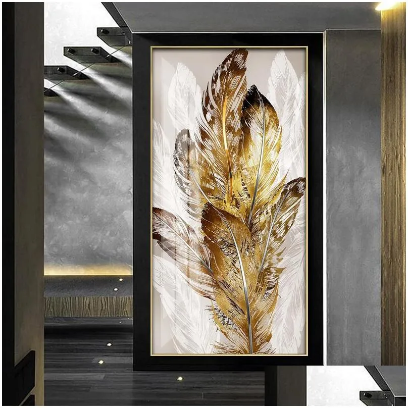 golden feather posters entrance painting wall art for living room canvas prints abstract pictures modern light luxury home decor