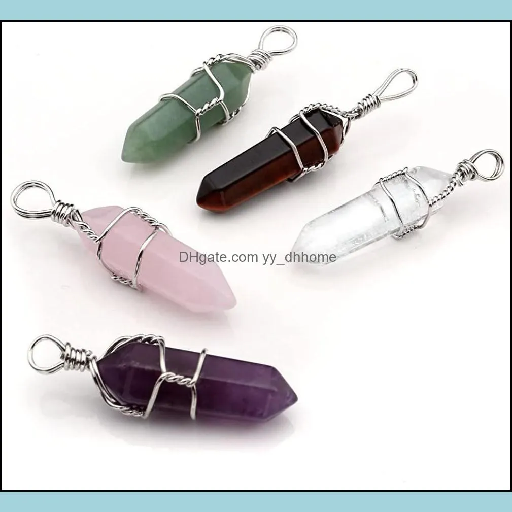 iron wire wrapped hexagon pendulum chakra pendant healing crystal opal turquoise stone pink quartz necklaces jewelry fashion gold silver