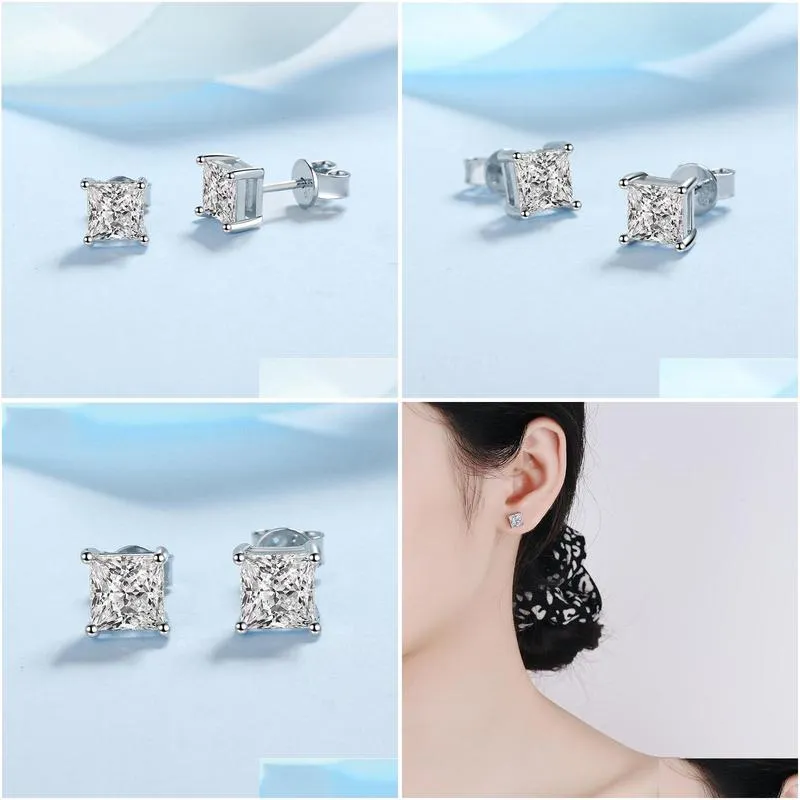 princess cut 2ct diamond test passed rhodium plated 925 silver d color stud earrings jewelry couple gift 220211